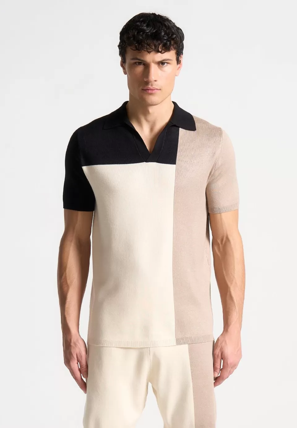 Manière De Voir Colour Block Knit Revere Polo Top - Black/Beige>Man Short Sets