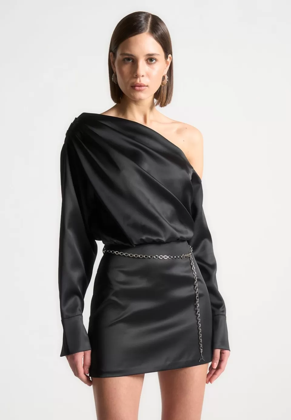 Manière De Voir Off Shoulder Draped Satin Mini Dress With Belt>Woman Dresses